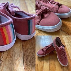 Boden red canvas sneakers with rainbow detail